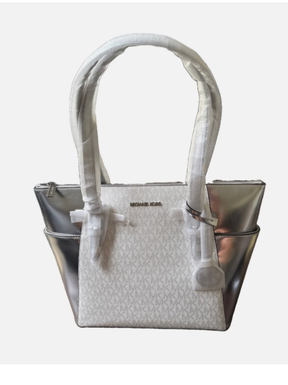 Michael Kors Signature Logo Large Charlotte Tote Bag White & Silver New With Tag